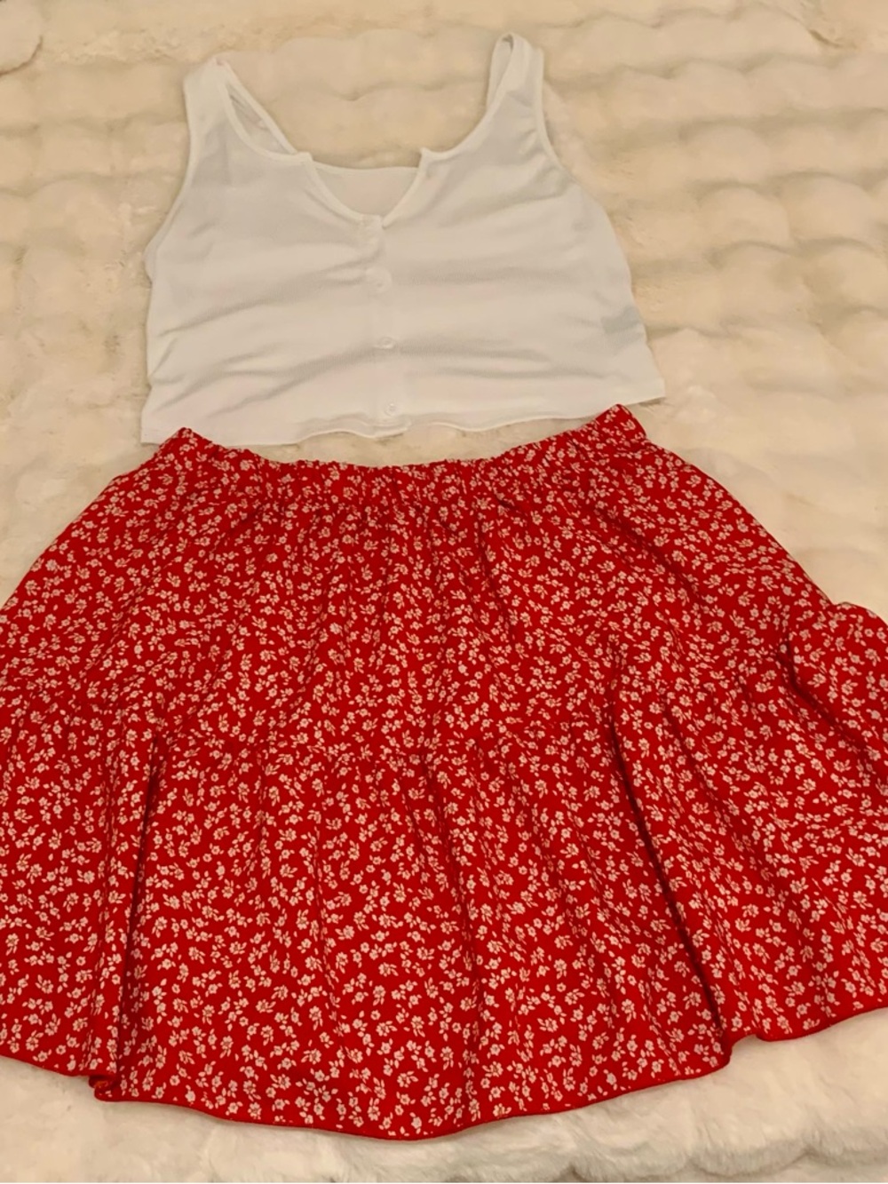 Women's Red Floral Circle Skirt and White Crop Top- Flowy Skater Style